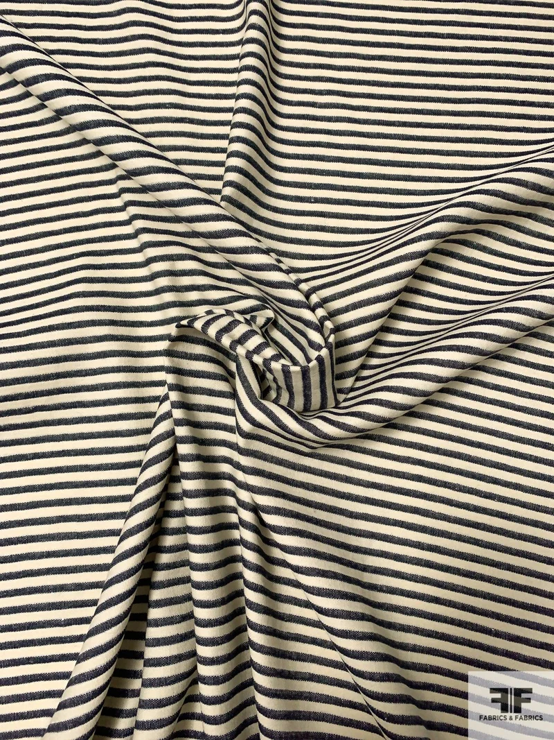 Novelty Horizontal Striped Cotton Denim - Navy / Cream
