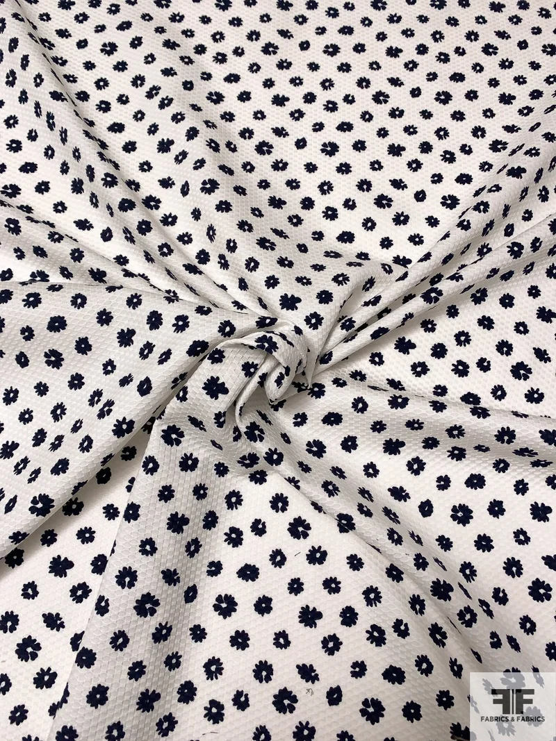 Floral Printed Honeycomb Cotton Pique - Off-White / Navy