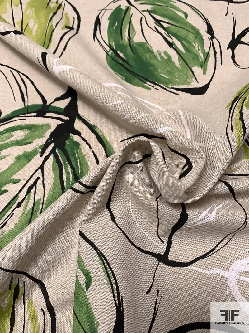 Italian Large Watercolor Leaf Printed Cotton-Linen - Green / Lime / Sand / Black