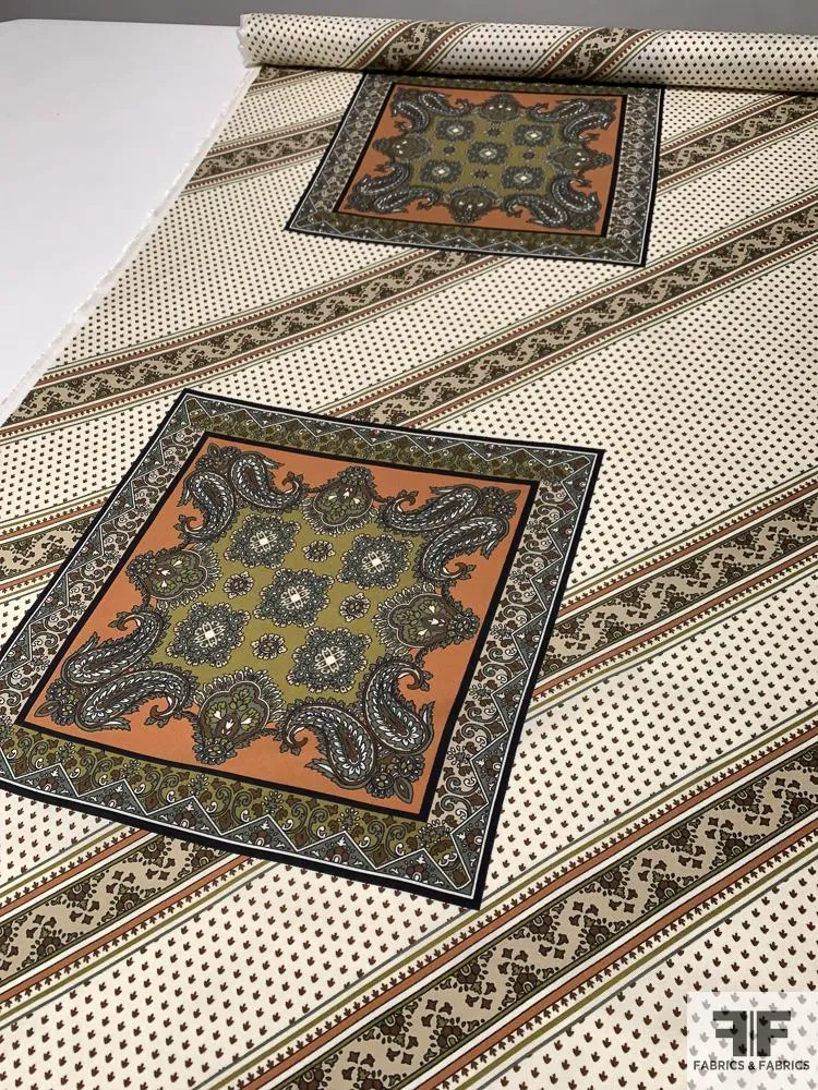 Paisley Scarf Motif Printed Silk Twill - Olive / Cream / Brick