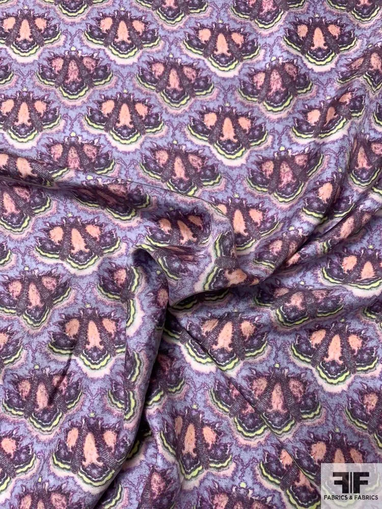 Art Deco Tribal Printed Washed-Look Silk Twill - Periwinkle / Purple / Salmon / Green
