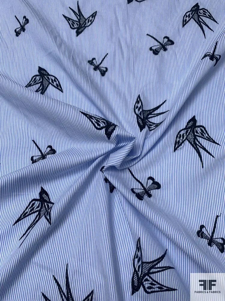 Birds and Dragonflies in Flight Embroidered Striped Cotton Shirting - Blue / White / Black