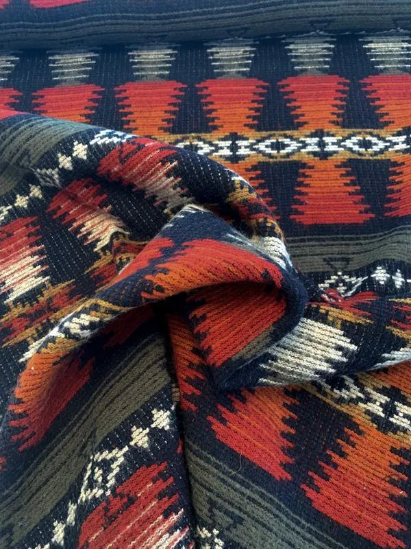 Italian Southwestern Ethnic Mohair-Like Wool Coating - Burnt Orange / Black / Olive / Beige