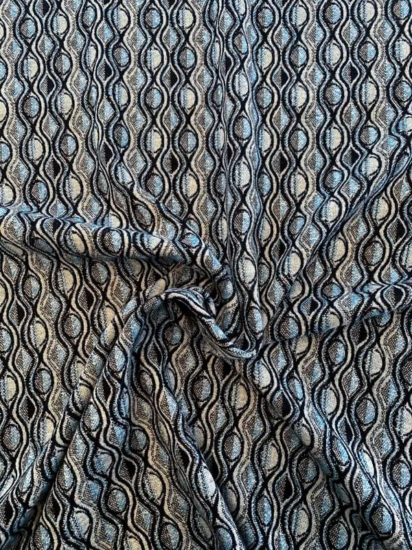 Italian Wavy Geometric Woven Wool Suiting - Navy / Blue / Grey