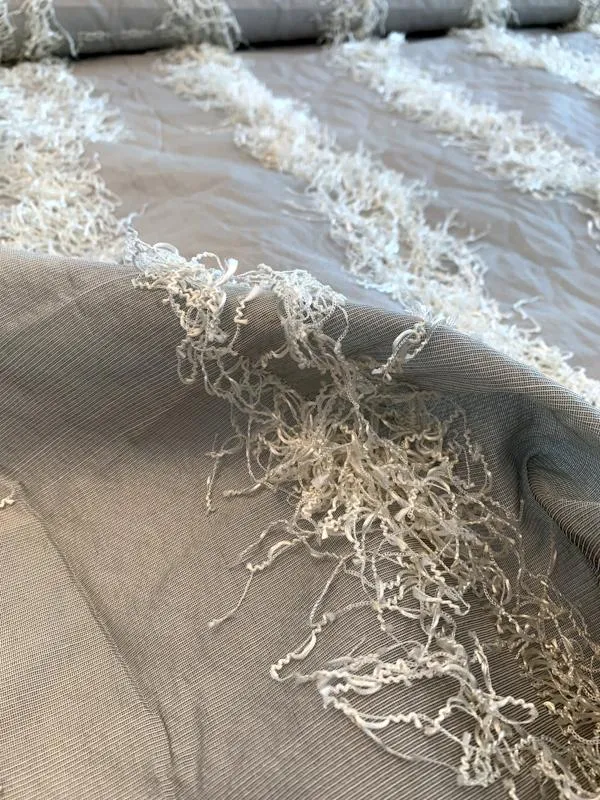 Vertical Striped Fringe Silk and Polyester Novelty - Grey / Off-White