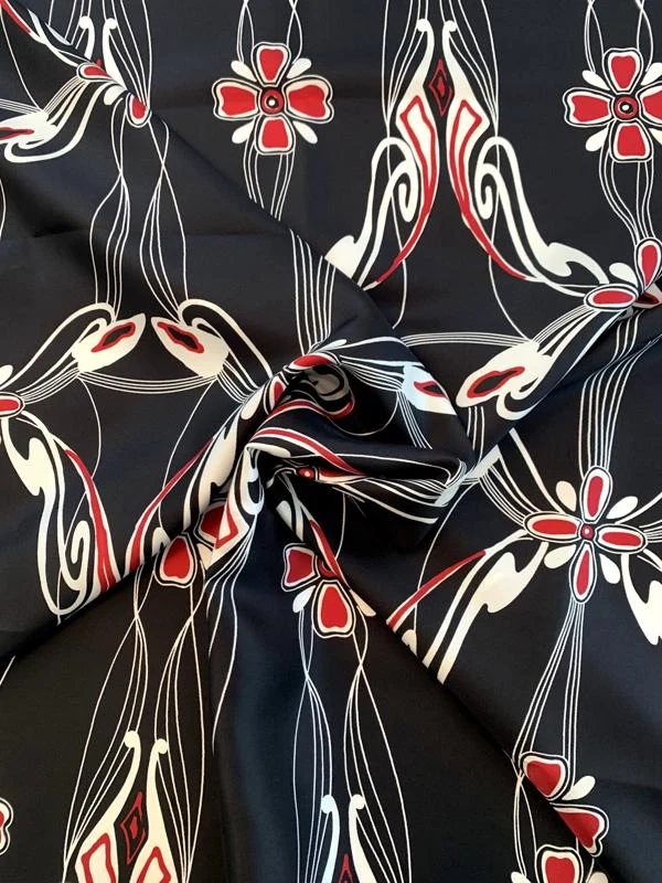 Floral Vines Printed Fine Silk Twill - Black / Off-White / Cranberry