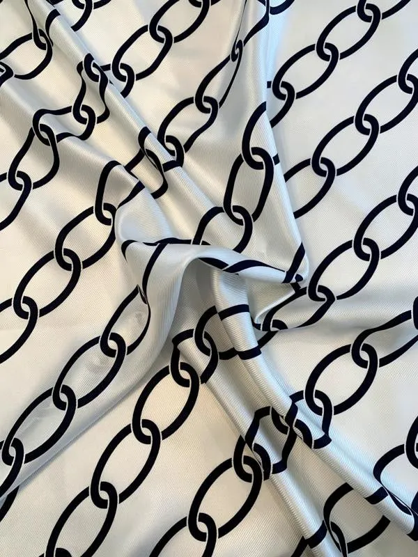 Diagonal Chain Links Printed Silk Twill - Ivory / Navy