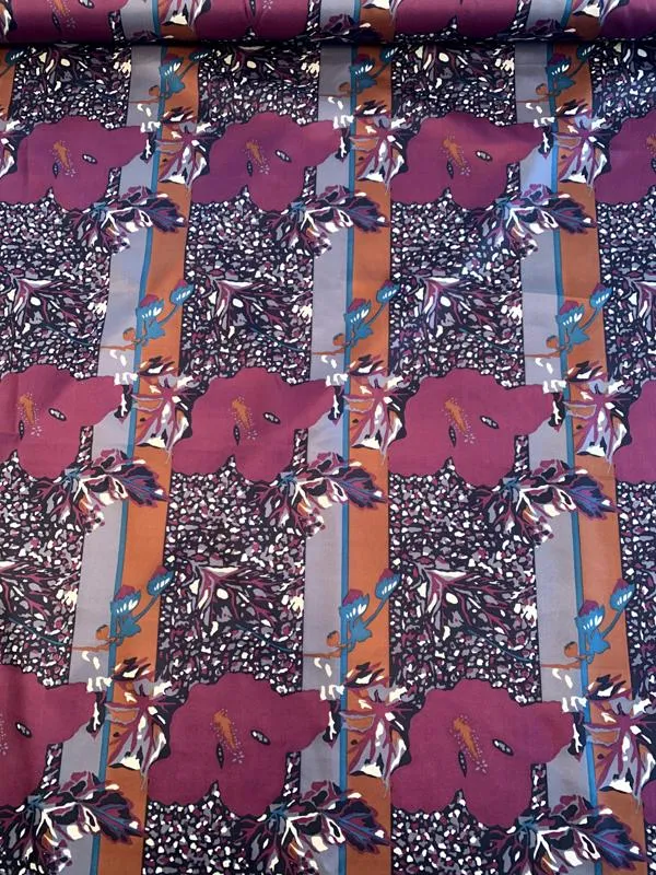 Italian Abstract Leaf Printed Fine Silk Twill - Wine Red / Teal / Grey / Black
