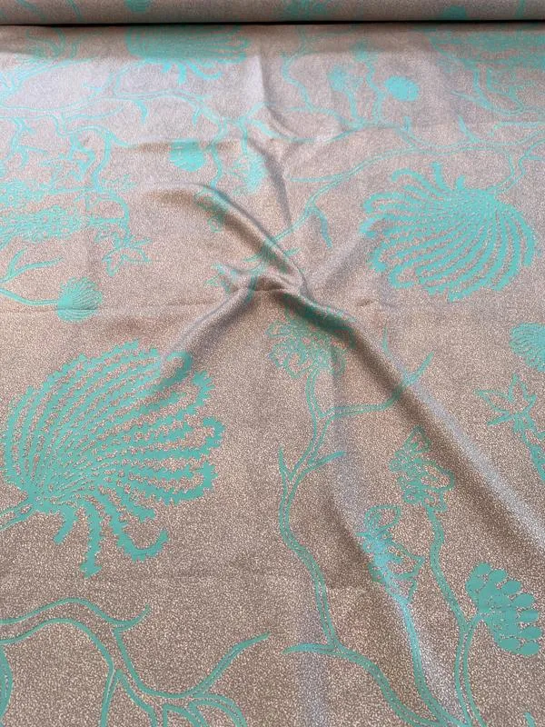 Ocean Plants Printed Fine Silk Twill - Grey / Cyan