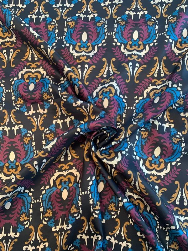 Italian Damask Printed Fine Silk Twill - Black / Wine / Teal / Mustard