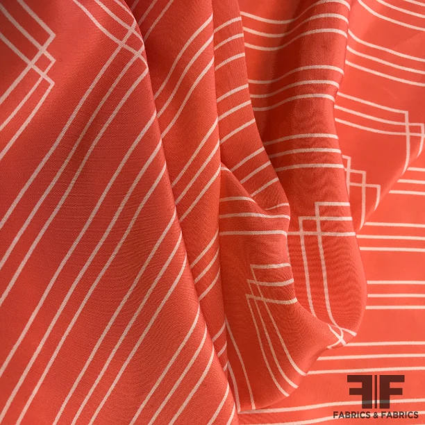 Geometric Line Printed Silk Crepe de Chine - Orange/White