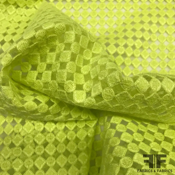 Geometric Embroidered Organza Novelty - Lime Green