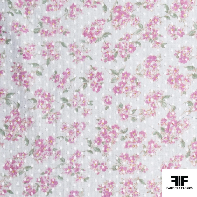 Floral and Swiss Dot Printed Cotton - Pink/White
