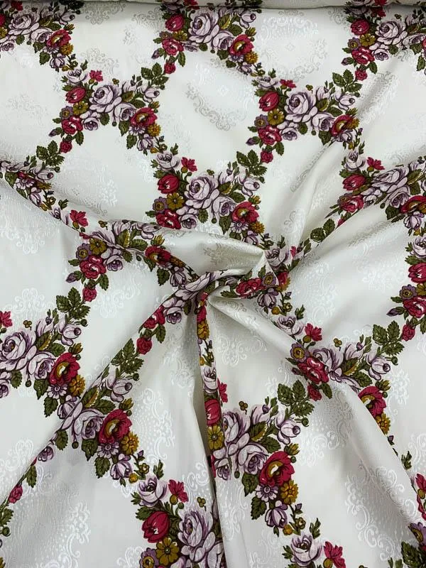 Floral Lattice Printed Stretch Silk Jacquard - Multicolor / Ivory