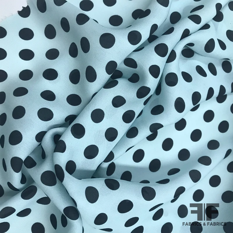 Italian Polka Dot Printed Silk Georgette - Baby Blue/Black