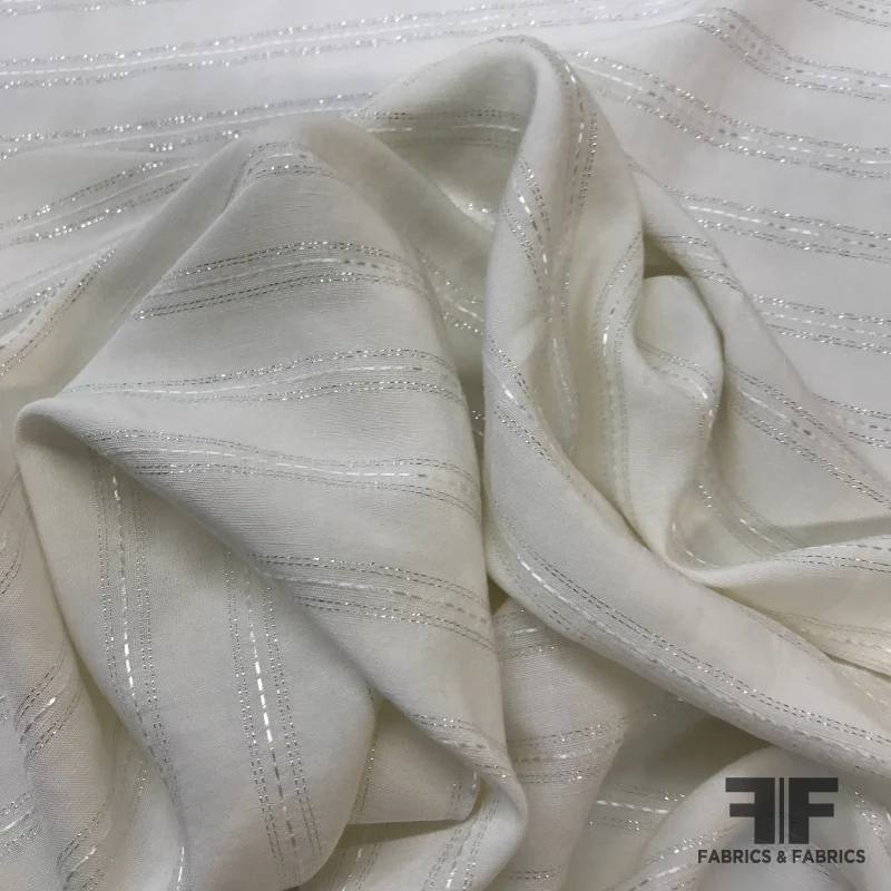 Pinstripe Metallic Linen-Weave Cotton - Off-White / Silver
