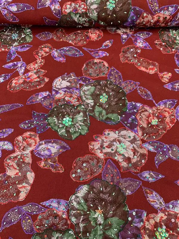 Novelty Sequined Floral Embroidered Wool Coating - Red / Purple / Green