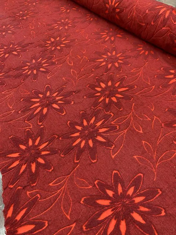Woven Floral Burnout-Like Wool Suiting - Red