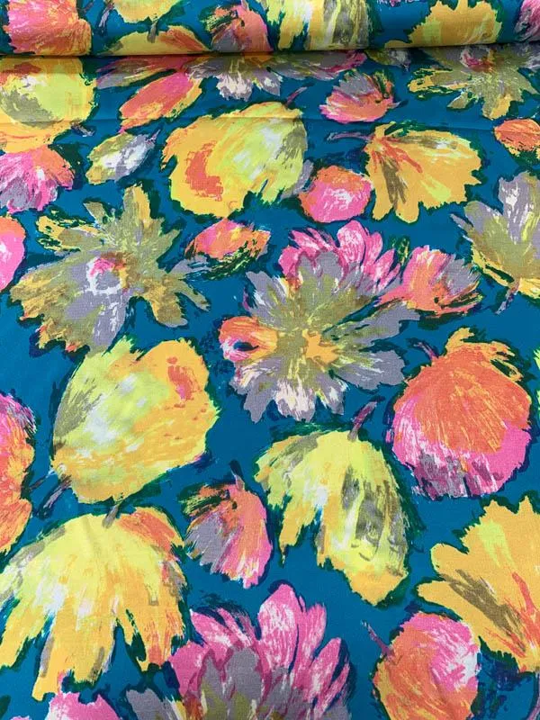 Painterly Floral Printed Silk Twill - Teal / Yellow / Pink