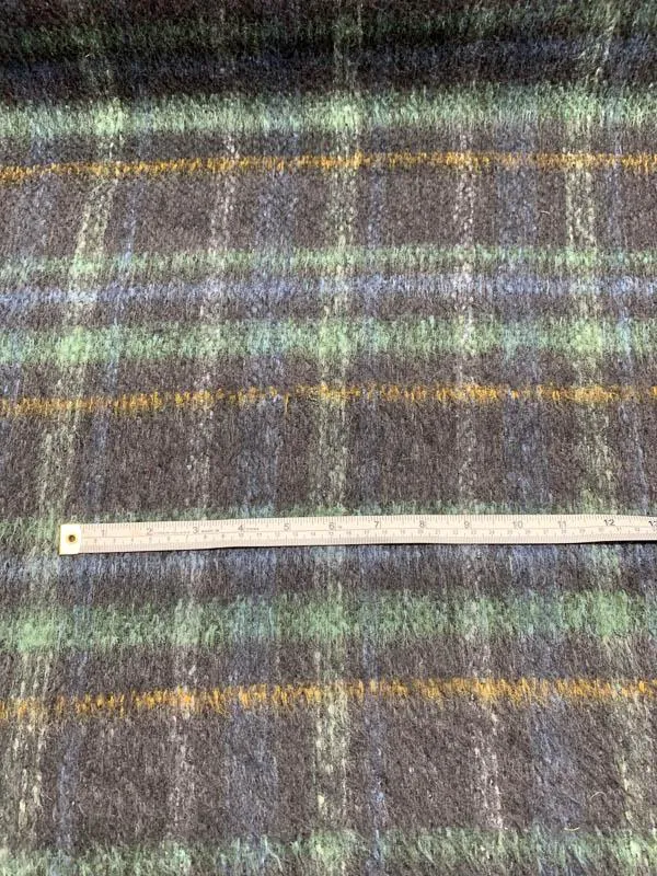 Italian Plaid Mohair Blend Wool Coating - Navy / Mint / Mustard