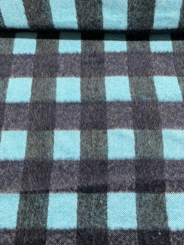 Italian Buffalo Plaid Mohair-Like Wool Coating - Teal / Navy / Grey