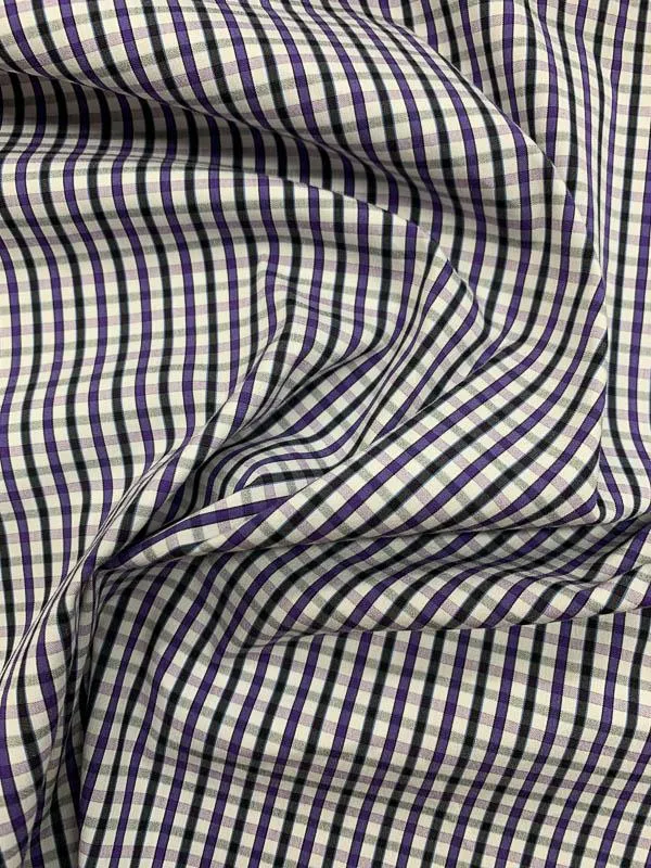 Italian Gingham Check Stretch Cotton Shirting - Purple / Black / White