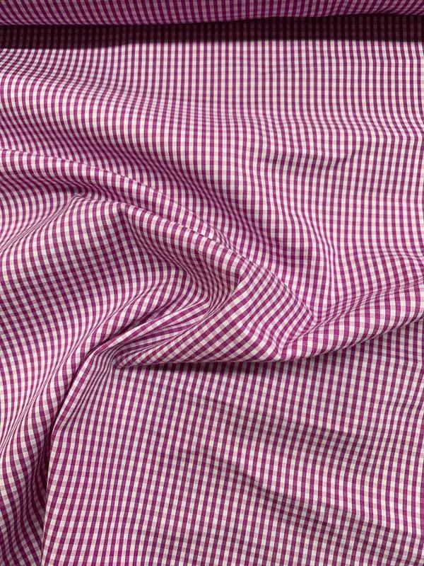Gingham Check Stretch Cotton Shirting - Magenta / White