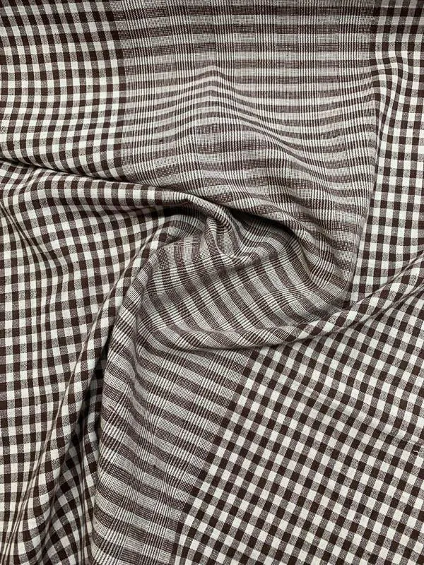 Gingham Check and Plaid Cotton Shirting - Brown / White