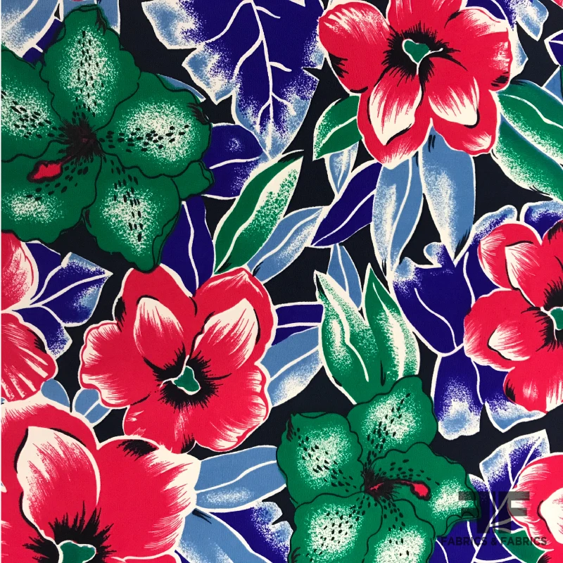 Floral Printed Crepe de Chine - Blue/Pink/Green
