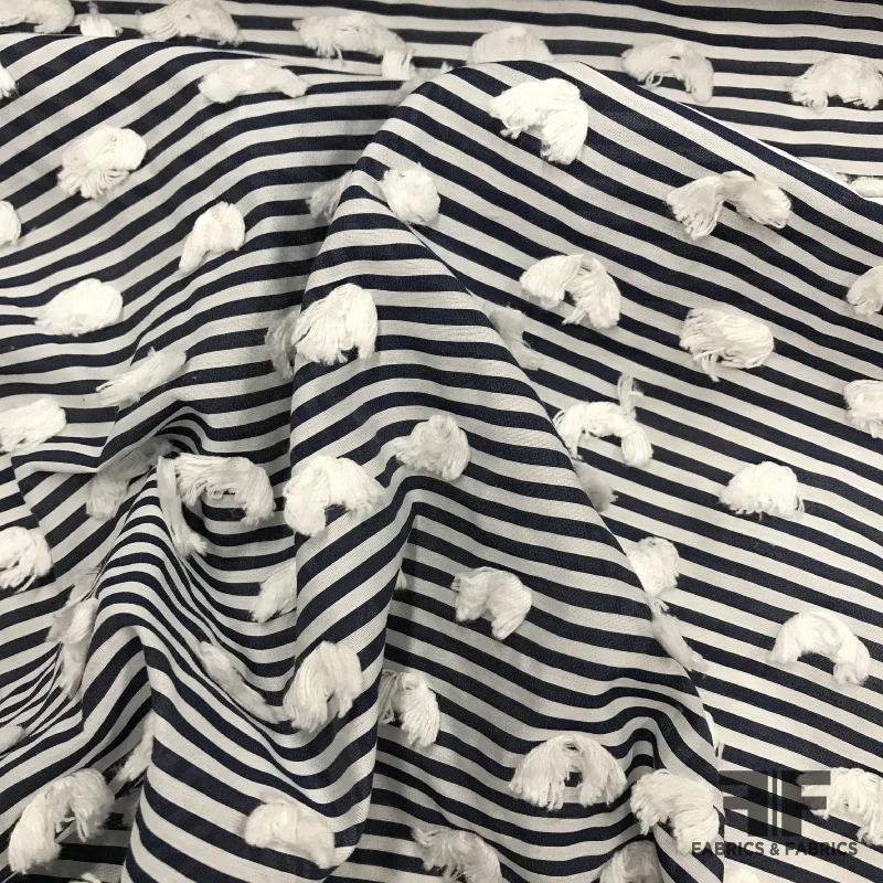Novelty Fringe Embroidered Striped Cotton Lawn - Navy/White