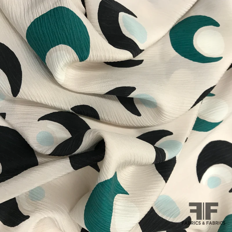 Art Deco Printed Crinkled Silk Crepe de Chine - Ivory/Teal/Black