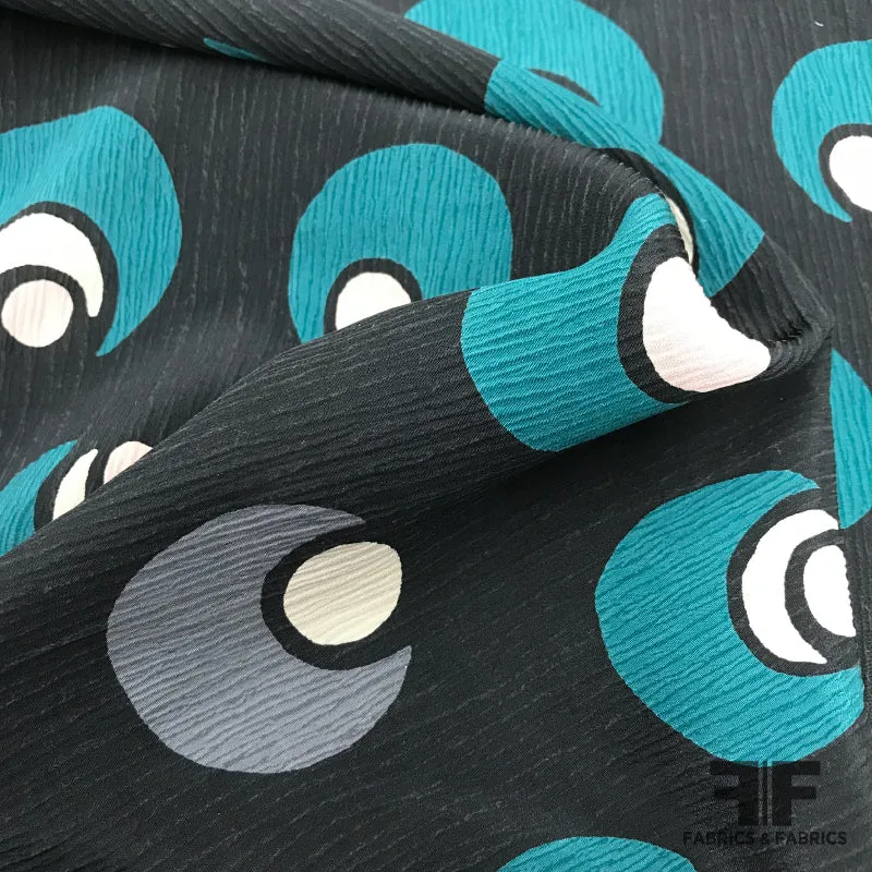 Art Deco Printed Crinkled Silk Crepe de Chine - Teal / Black / Deep Grey