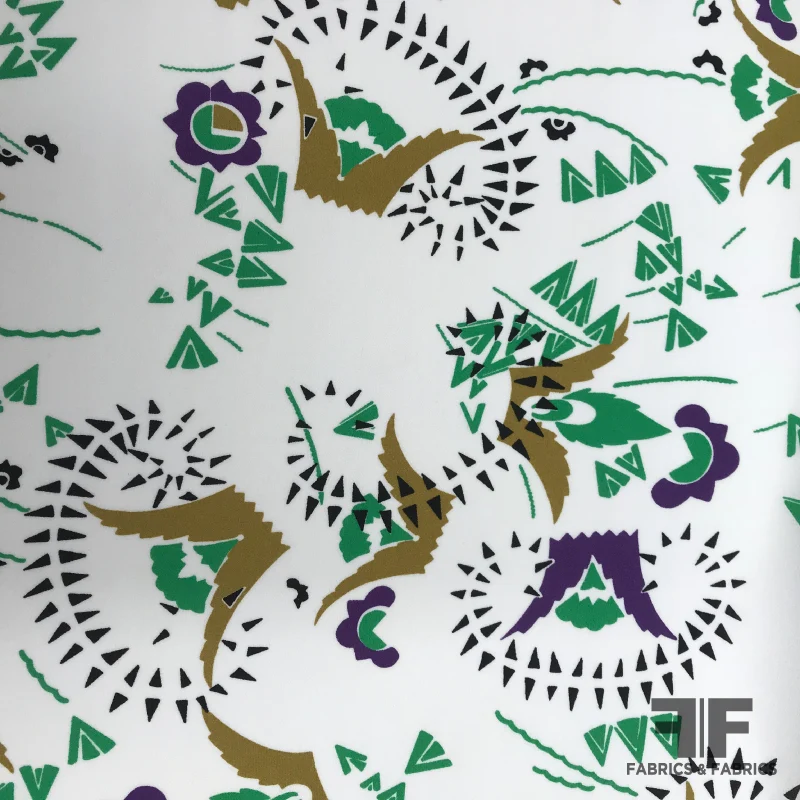 Italian Abstract Silk Printed Georgette - White / Green / Purple / Gold