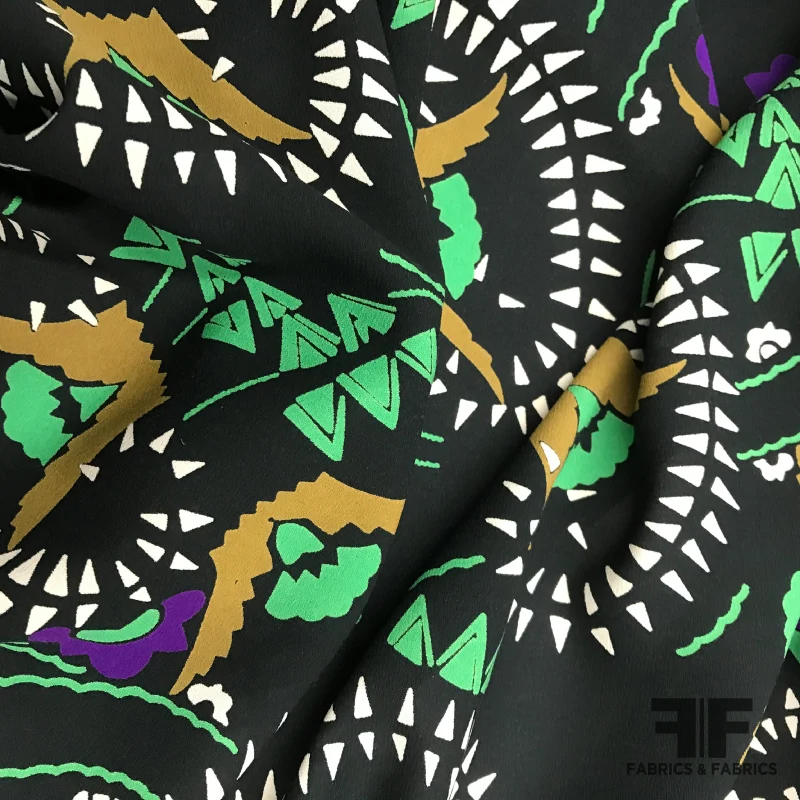 Italian Abstract Silk Georgette- Black/Green/White/Mustard