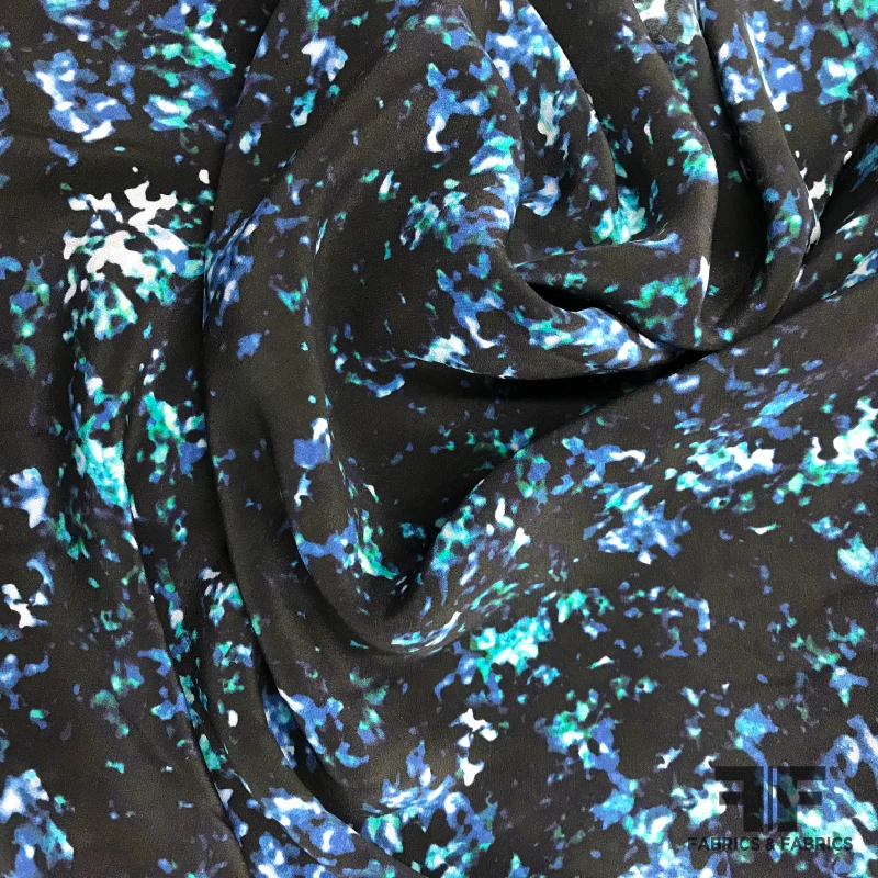 Abstract Printed Silk Crepe de Chine - Black/Blue