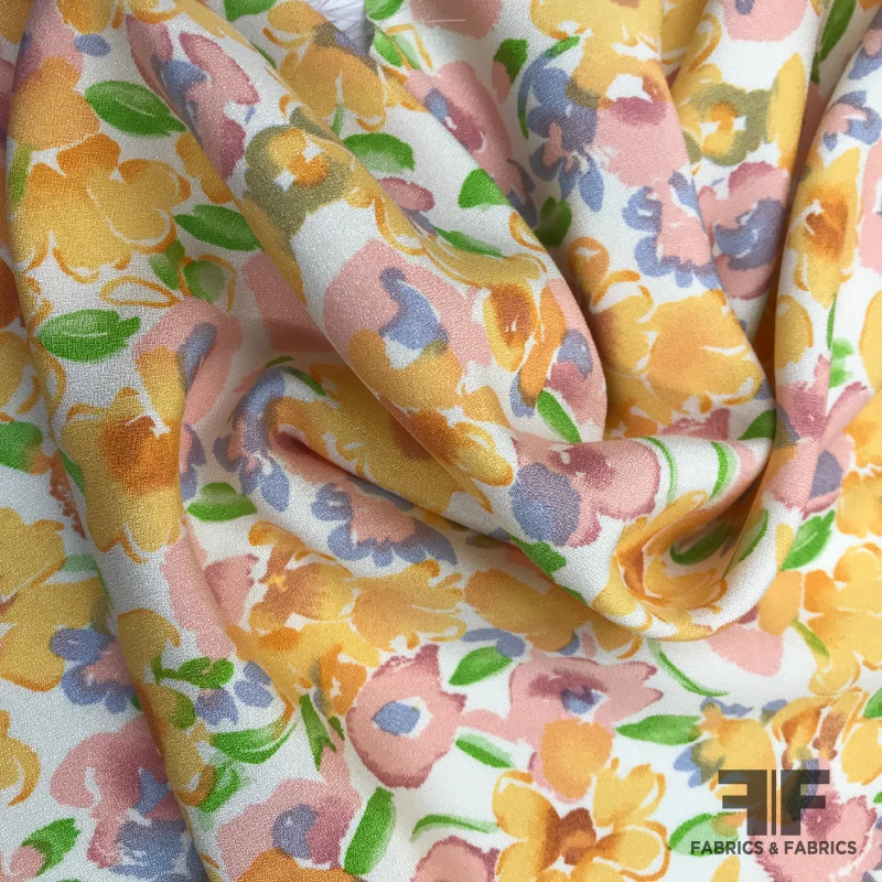 Floral Printed Silk Crepe - Orange/Pink