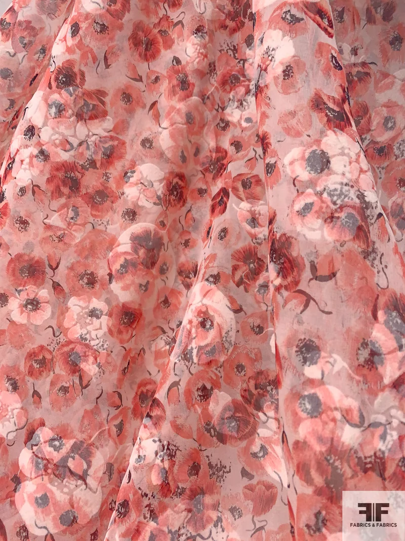 Italian Novelty Printed Silk Organza with Floral Flocking - Red/White