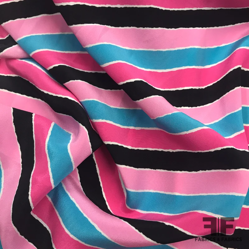 Striped Silk Printed Crepe de Chine - Pink/Blue/Black