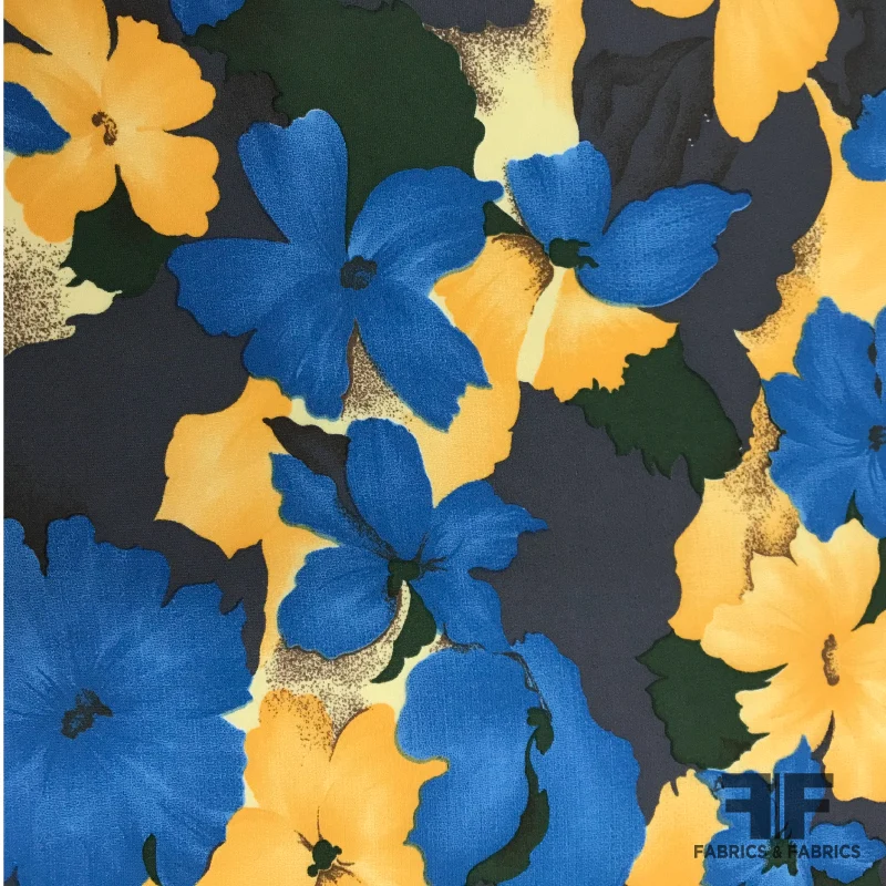 Painterly Floral Printed Silk Crepe - Blue / Marigold / Black