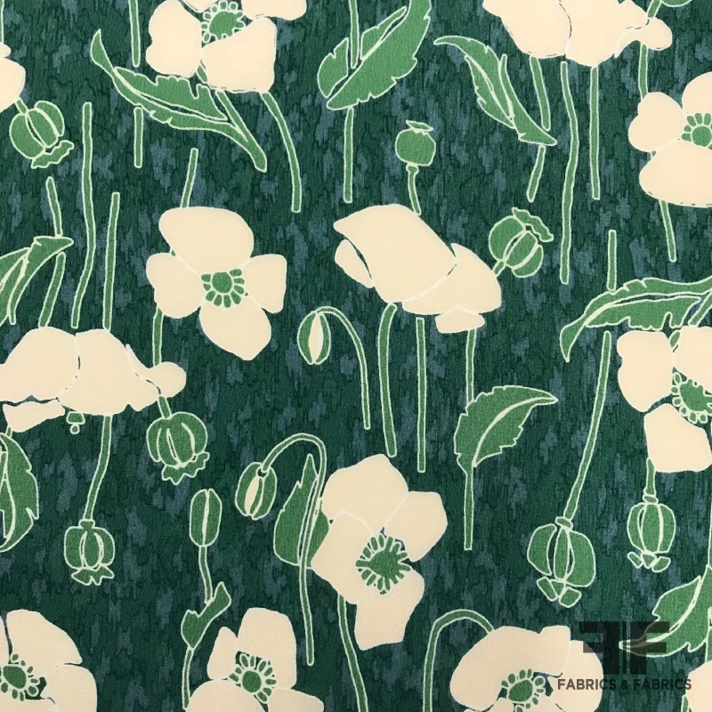 Floral Printed Silk Crepe de Chine - Green/Beige
