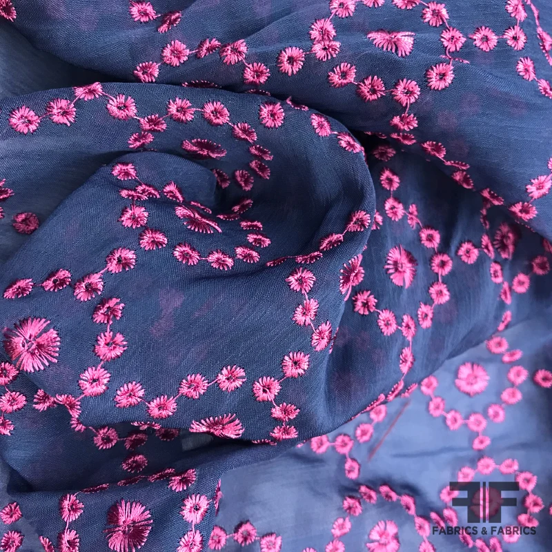 Embroidered Cotton Voile - Blue-ish Purple / Pink