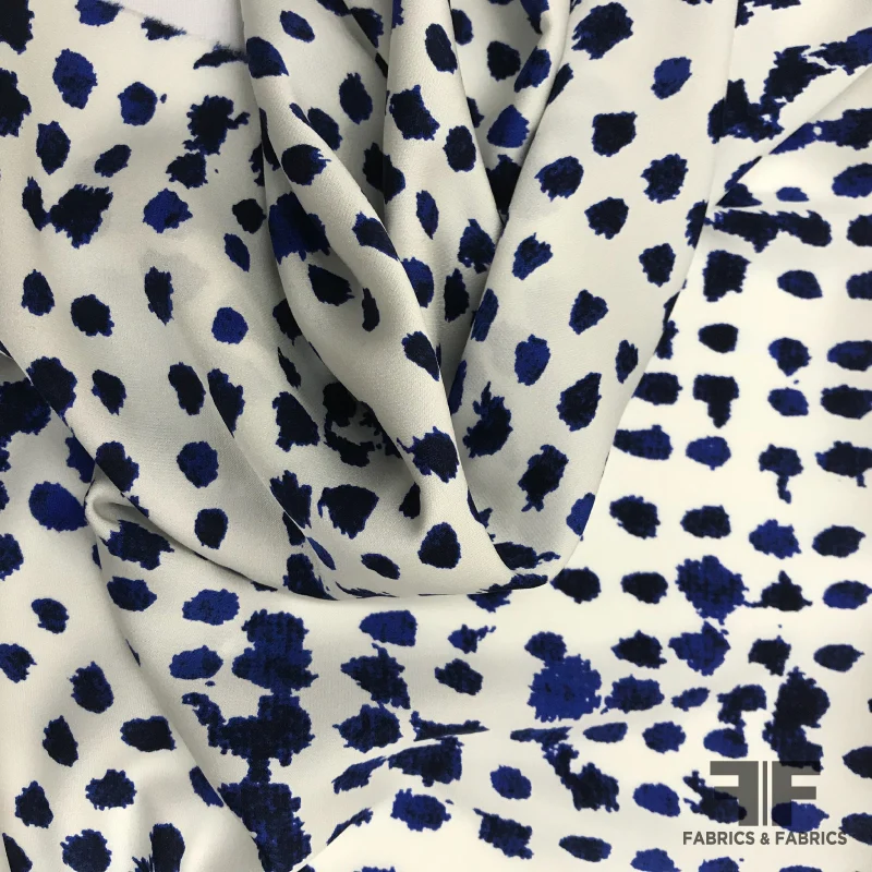 Abstract Polka Dot Printed Stretch Silk Satin Georgette - Blue / White