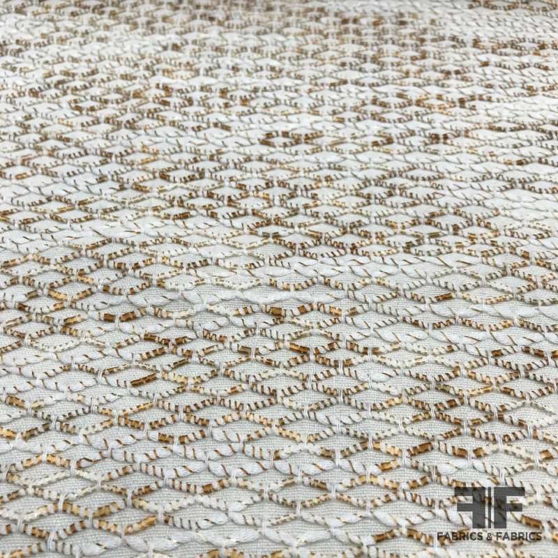 Novelty Wavy Embroidered Cotton Suiting - Beige / White