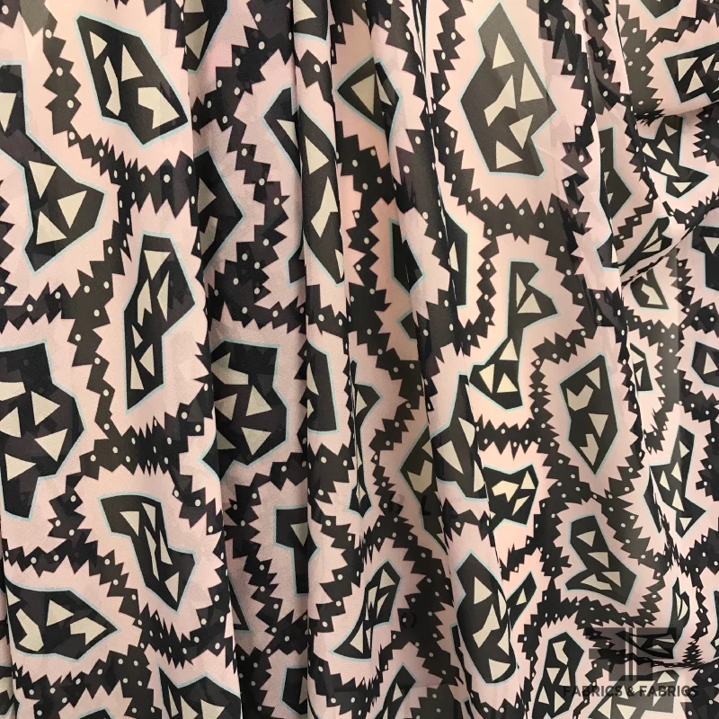 Italian Abstract Printed Silk Georgette - Pink / Blue / Black