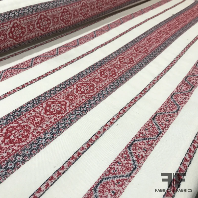 Jacquard Striped Cotton Twill - Off-White/Red/Navy