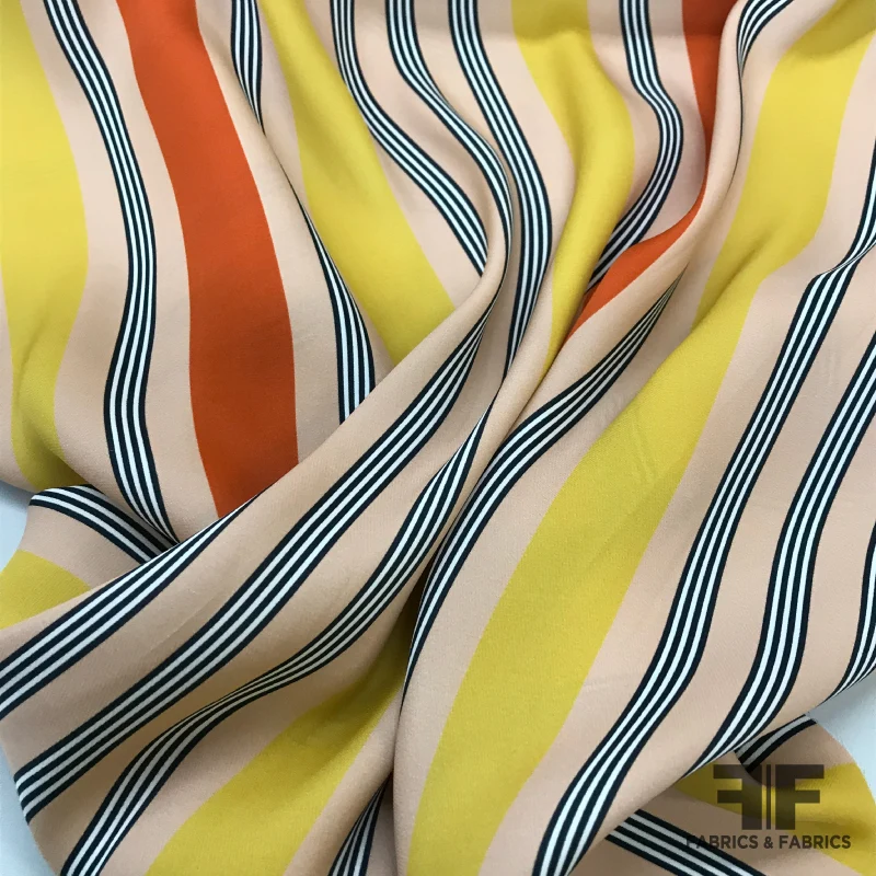 Striped Satin Backed Crepe - Peach/Orange/Yellow/Black