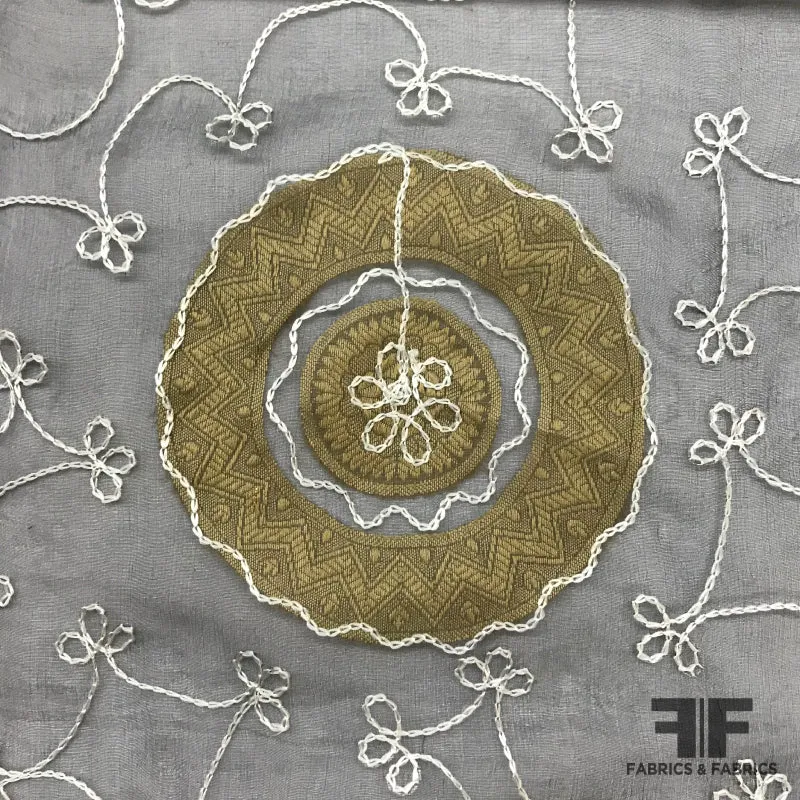 Embroidered Burnout Silk Organza - Grey / Olive-Gold