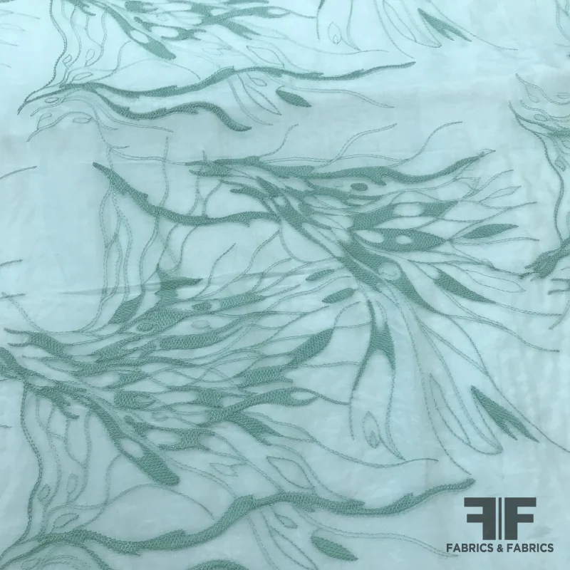 Exotic Leaf Embroidered Cotton-Silk Blend Voile - Seafoam Green