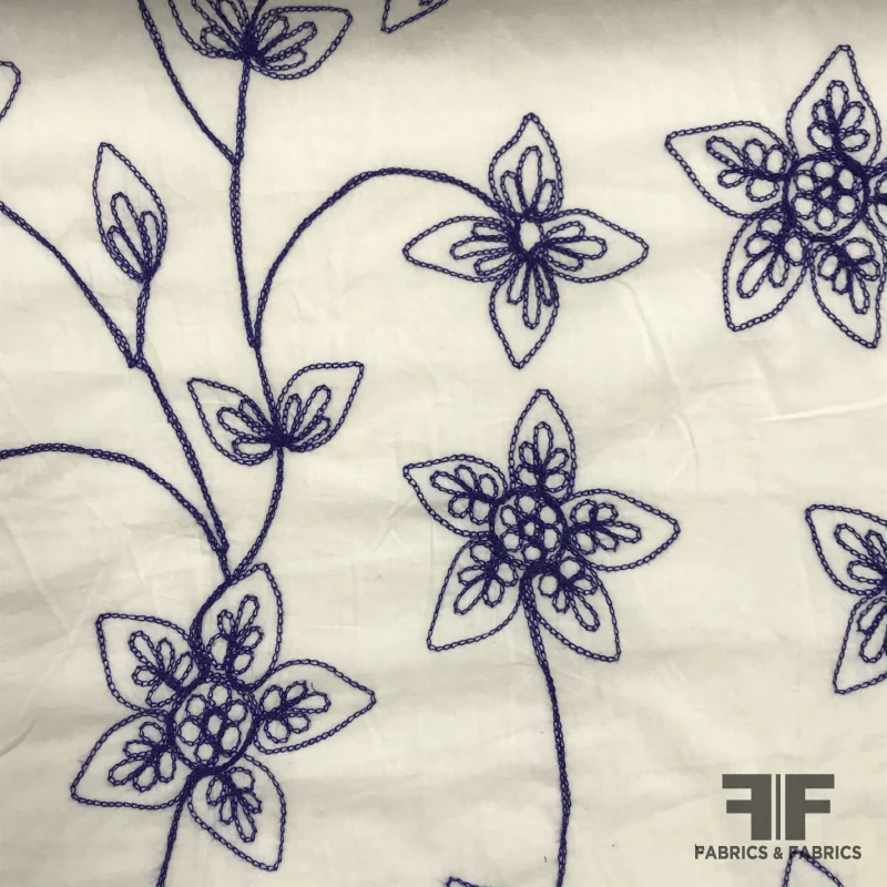 Floral Embroidered Cotton - Blue/White