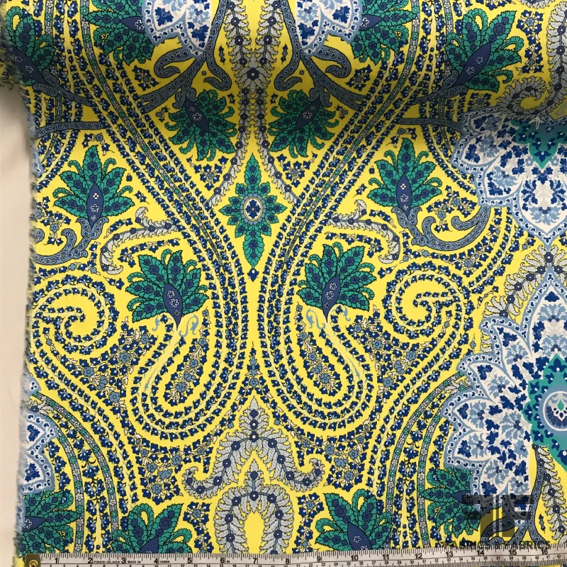 Paisley Printed Stretch Cotton Sateen - Yellow/Blue